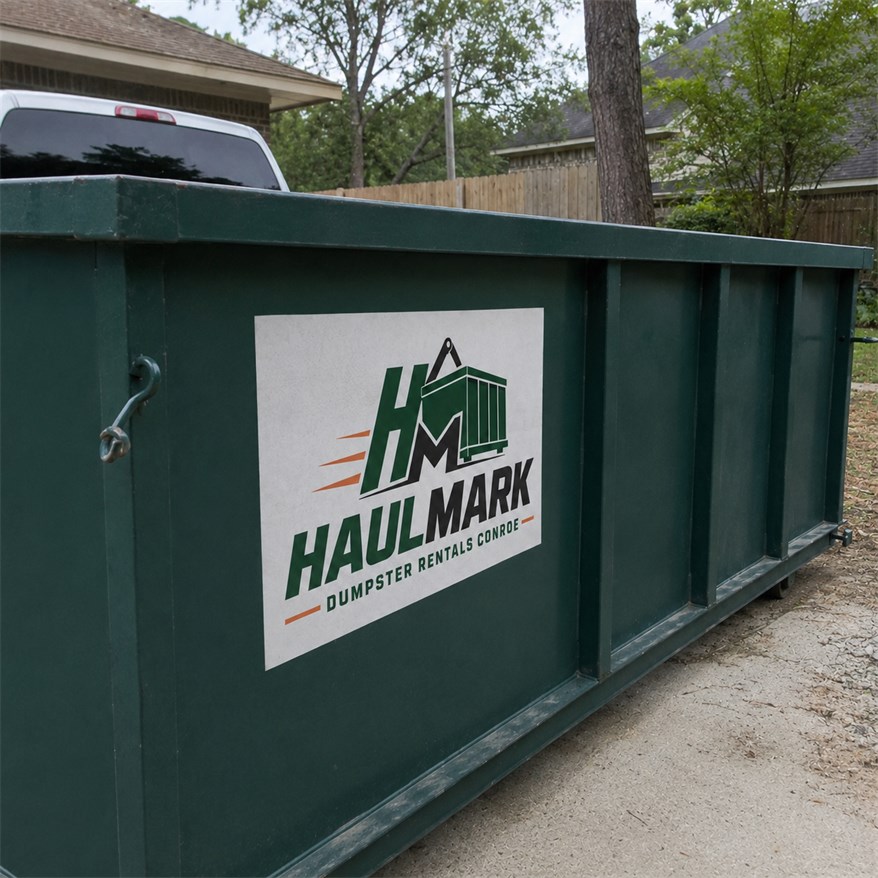 Green Haulmark dumpster staged for a local cleanup project